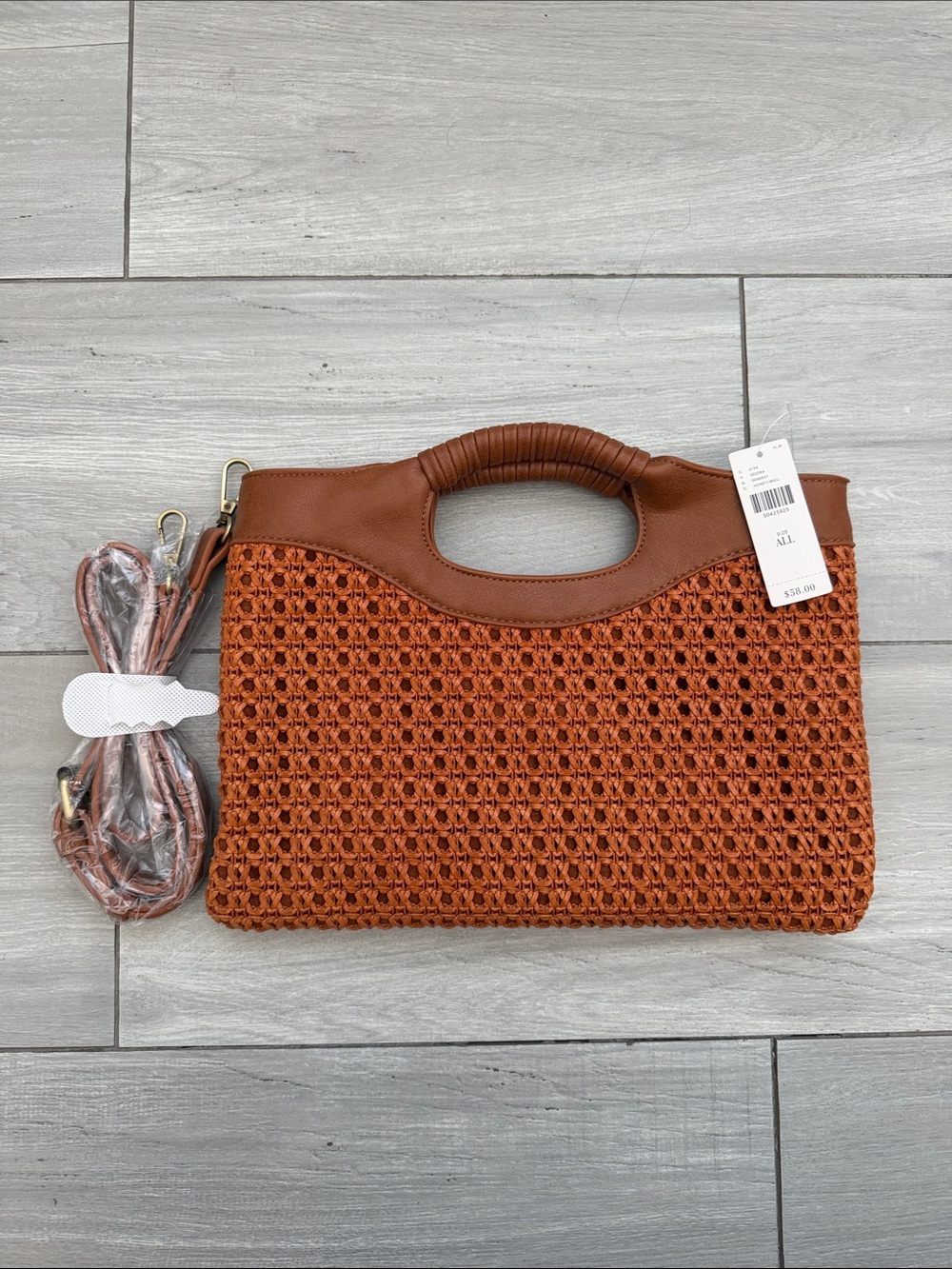 NWT ANTHROPOLOGIE Woven Handheld Tote Bag in Cognac Brown